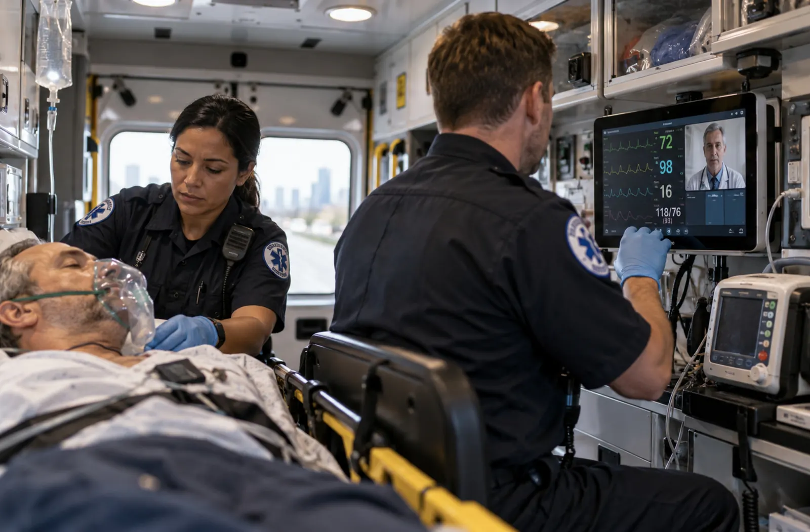Paramédicos atendiendo a un paciente dentro de una ambulancia